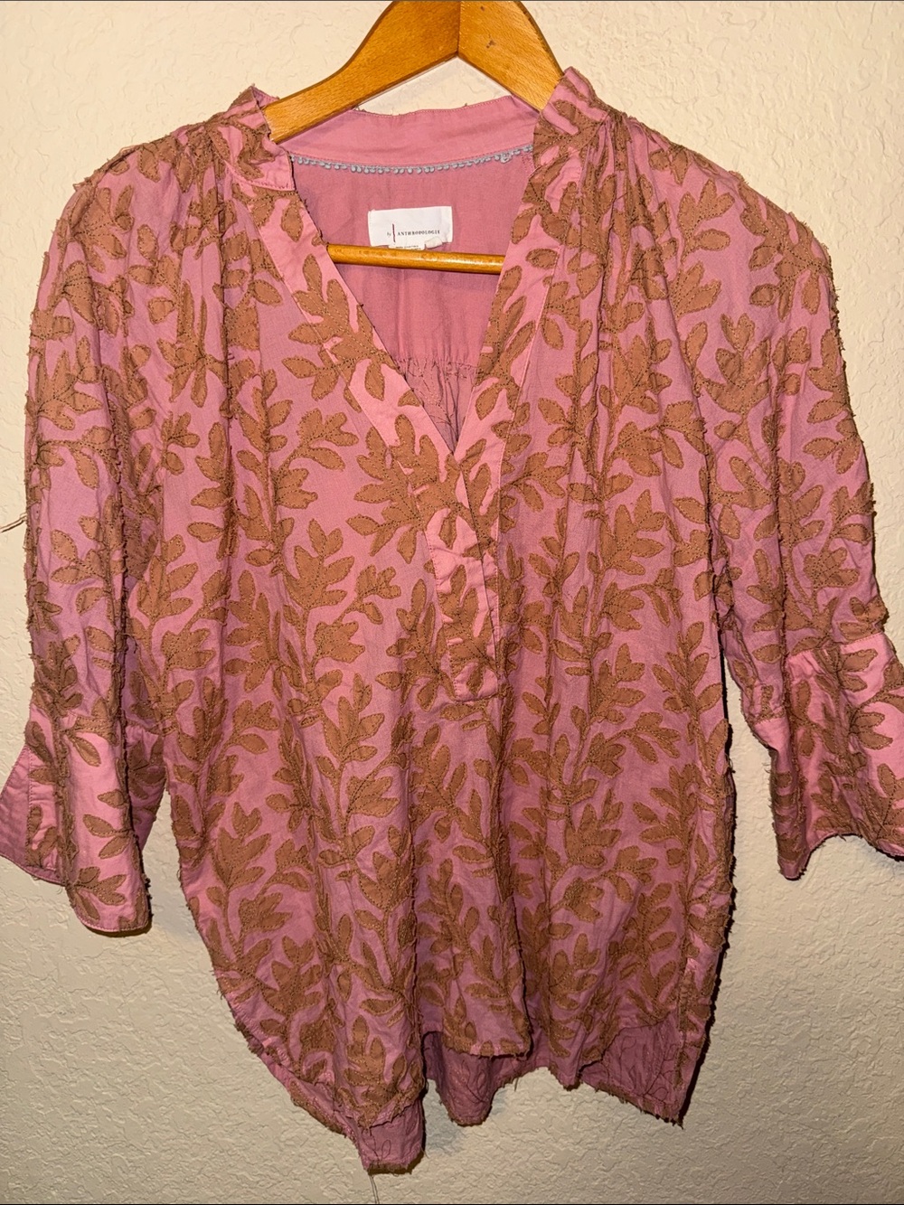 Anthropologie Dusty Pink Blouse with Brown Leaf Motif